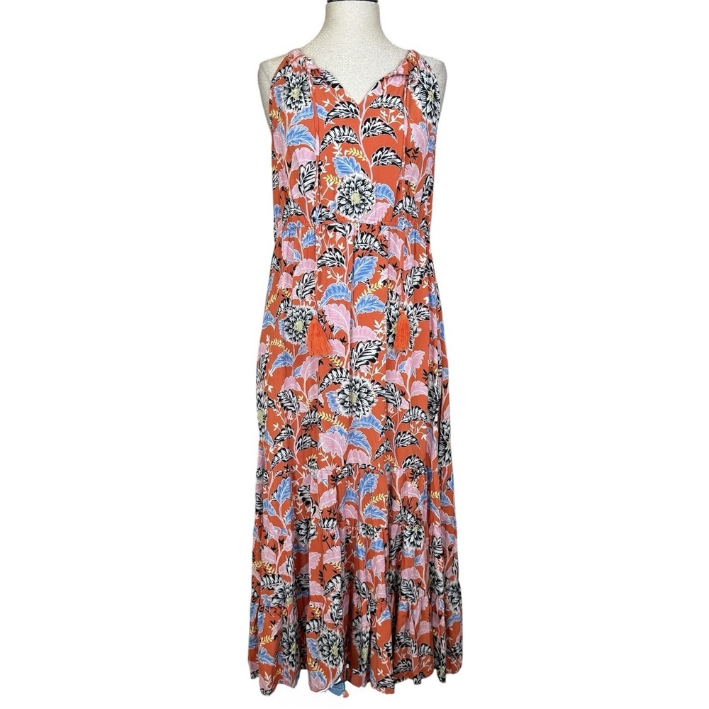 Sundance Tiered Maxi Dress Womens L Floral Tassel Hawaiian Resort Beachy Boho